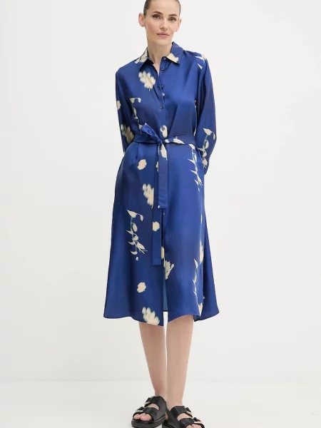 Копринена рокля MM JADI среднодълга със стандартна кройка синьо