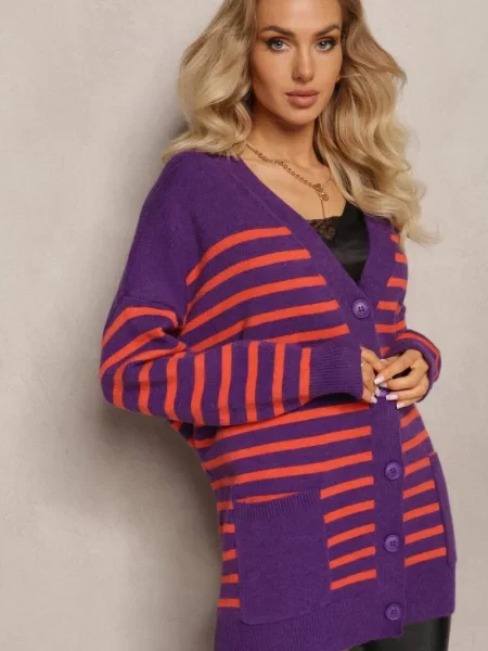 Kardigan w Paski o Wydłużonym Fasonie z Dekoltem V Zapinany na Ravime fioletowy