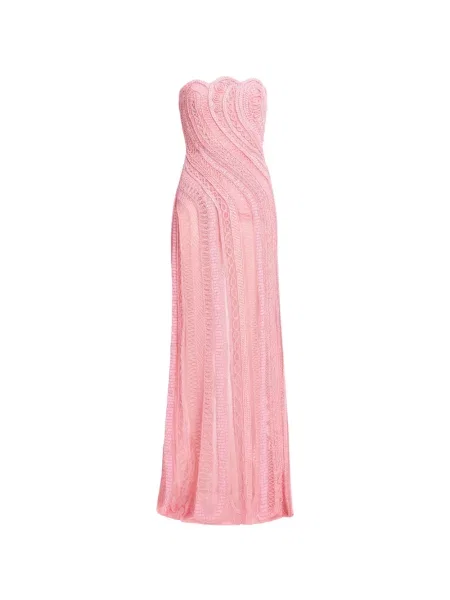 Rochie maxi Elie Saab cu broderie fără bretele roz