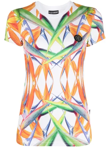 Tricou Plein Sport cu model floral cu imagine scurt alb