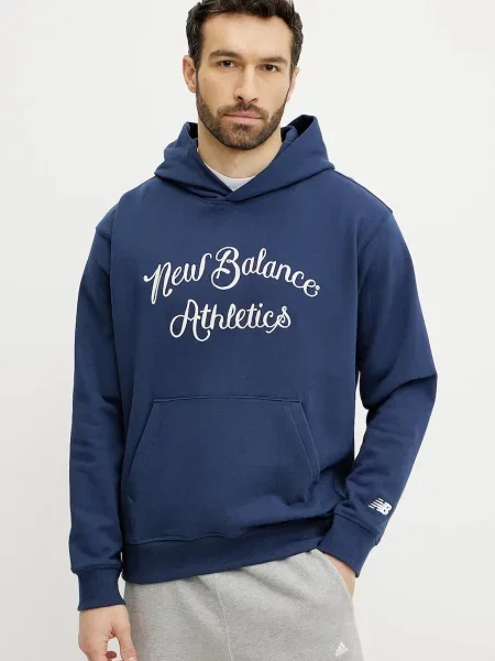 Суичър с качулка New Balance с качулка с апликация тъмносиньо