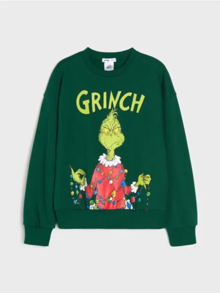 Sinsay Mikina crewneck s vánočním potiskem Grinch green spruce zelená