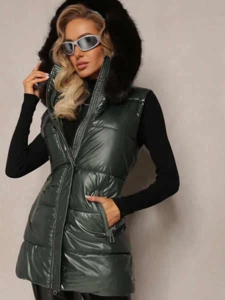 Vestă Matlasată cu Glugă și Blană Artificială Decorativă Alephne verde