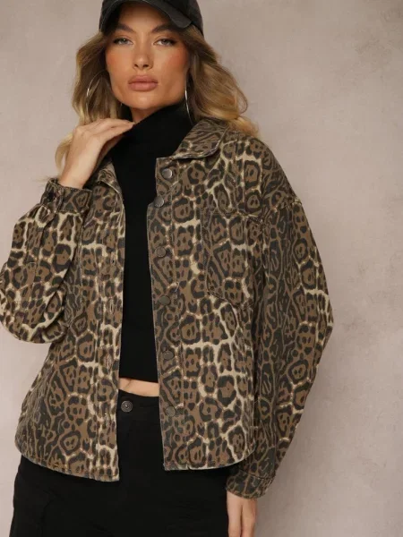 Koszulowa Kurtka Jeansowa w Panterkę Cesira brązowa