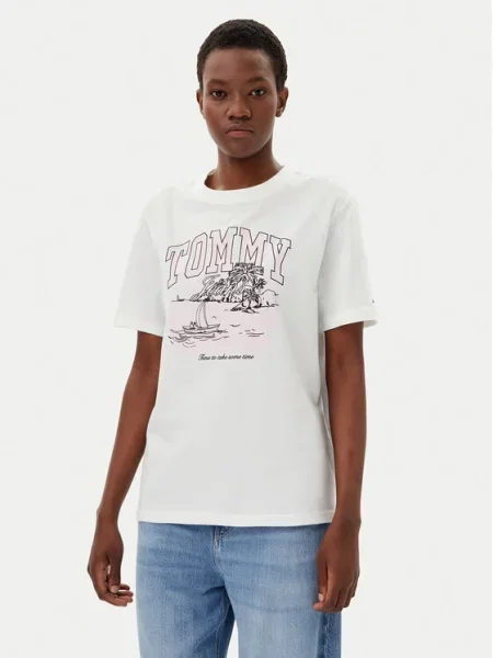 Tommy Jeans T-Shirt Tonal Tropics Écru beżowa