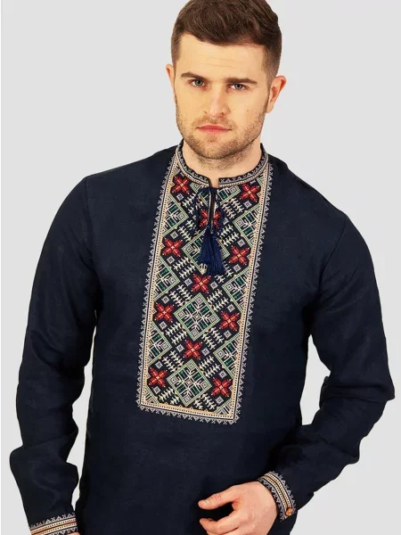 Лляна Вишита сорочка Folk Moda темно-синій синя