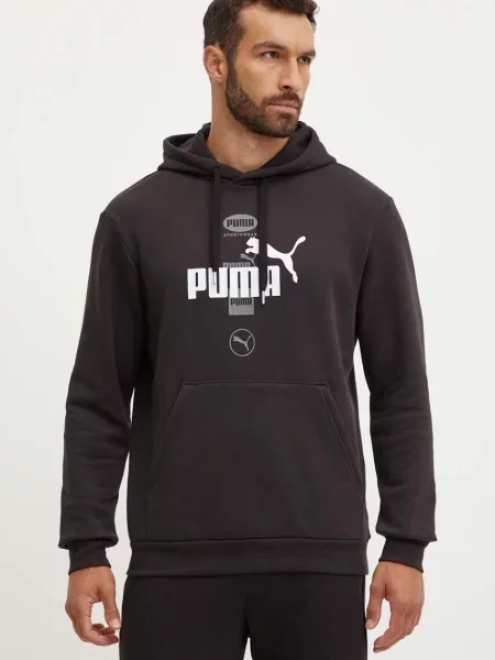 Суичър с качулка Puma с качулка с принт черно