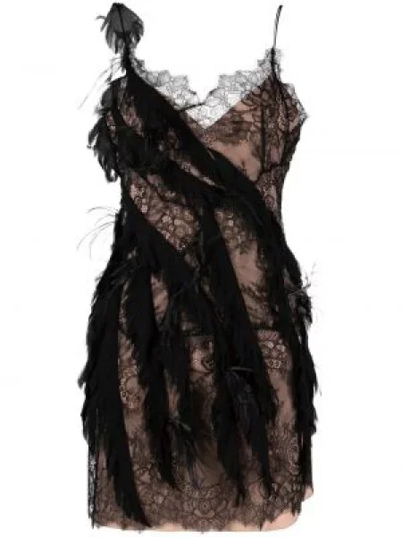Rochie Alberta Ferretti de mătase cu pene negru