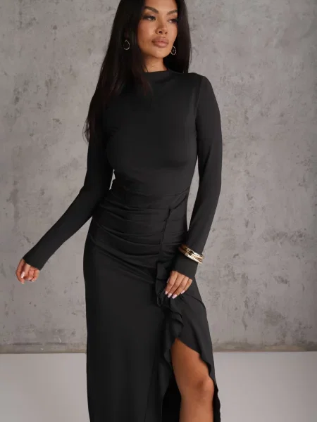 Rochie Longsleeve din cu fronț decorativ și volănaș Anilha neagră