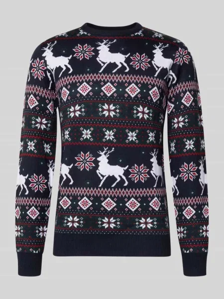 Sweter z dzianiny ze wzorem na całej powierzchni Lindbergh granatowy