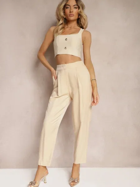 Pantaloni din Vâscoză cu cu Fir Metalic Decorativ Orianesta bej