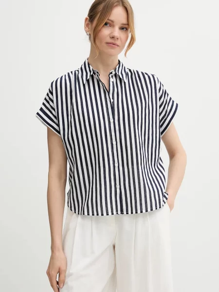 United Colors of Benetton cămașă din amestec de in bleumarin cu guler clasic relaxed