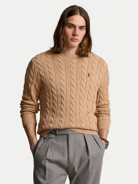 Sweter z dzianiny z wyhaftowanym logo Polo Ralph Lauren beżowy