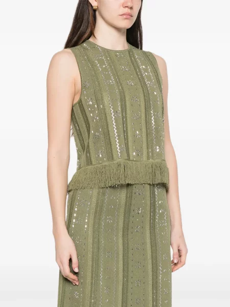 Top Maje cu franjuri cu model floral verde