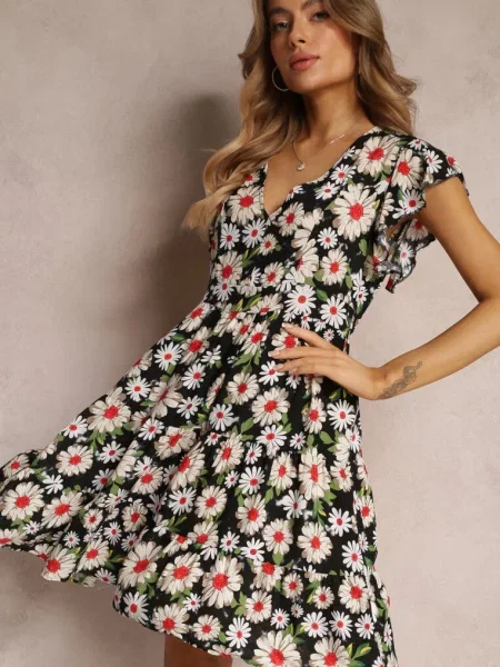 Taliowana Sukienka Mini w Kwiaty z Gumką w Talii Teziovi czarna