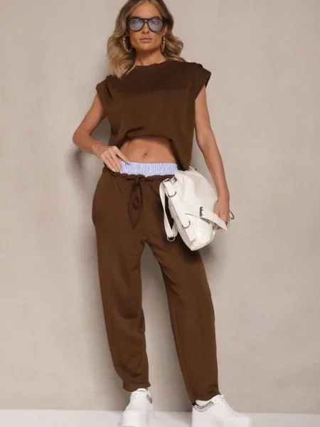 Komplet Dresowy z Wiskozą Spodnie z Ozdobnym Ściągaczem i Top Nitunela brązowy