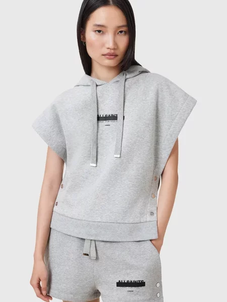 AllSaints bluza SORRI z kapturem z nadrukiem szary