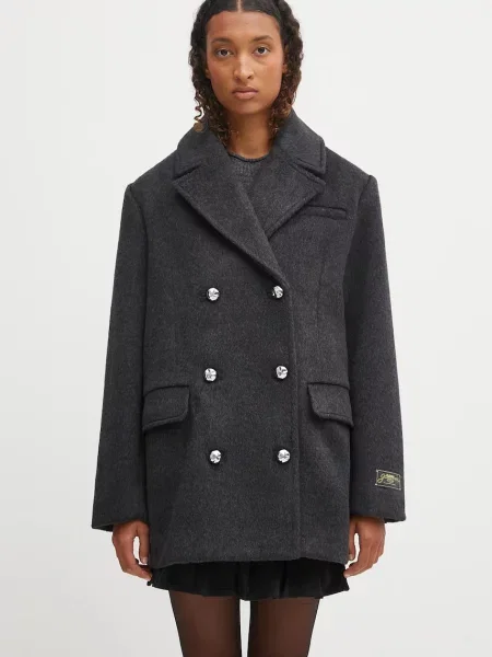 GANNI haină cu lână Double Faced Wool Doublebreasted Blazer gri
