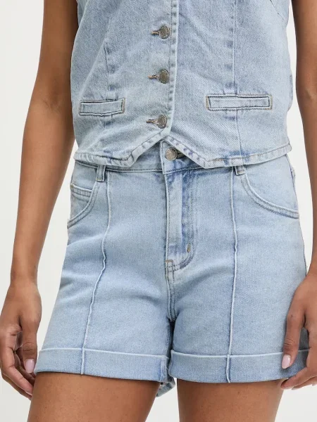 Дънков къс панталон Answear Lab с изчистен дизайн с висока талия синьо