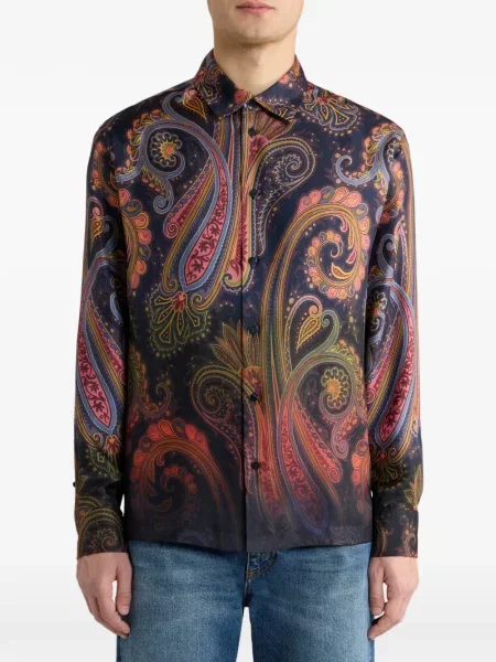 Копринена риза Etro с принт с пейсли десен синьо