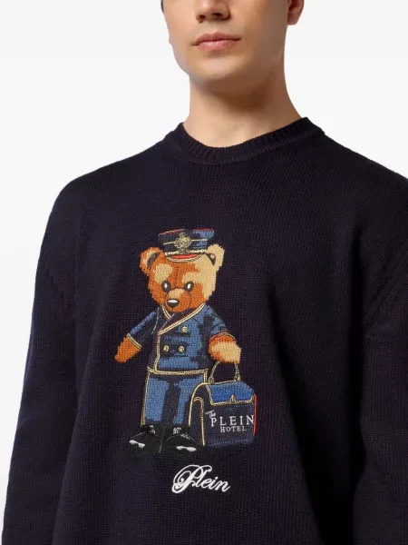 Pulover Philipp Plein cu broderie teddy albastru
