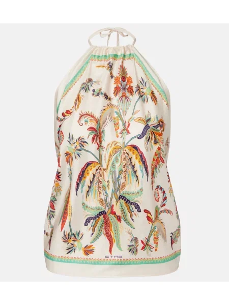 Top Etro de mătase cu imagine cu gât halter alb