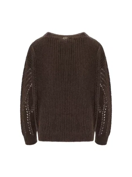 Twinset Swetry Kobieta S Wełna Perforowany Sweter z Okrągłym Dekoltem brązowy