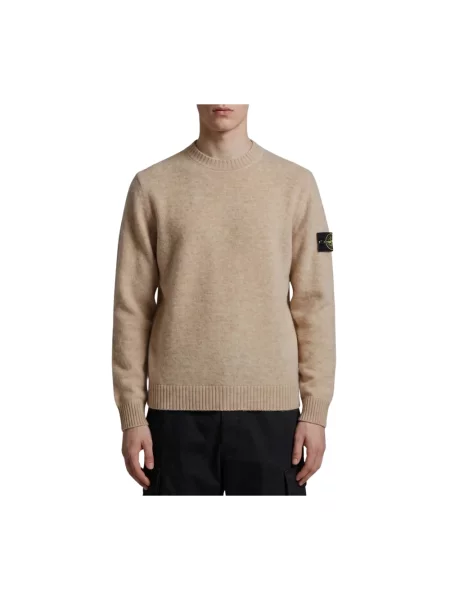 Sweter Stone Island wełniany z okrągłym dekoltem z kamieniami beżowy