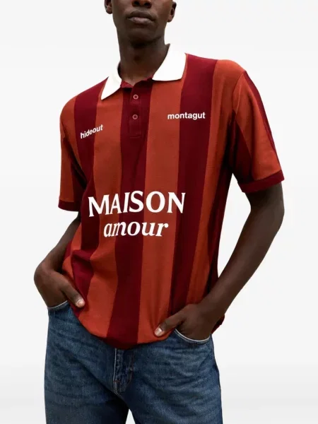 Tricou polo Maison Hideout cu dungi cu imagine roșu