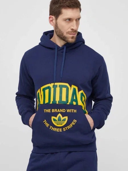 Суичър с качулка Adidas Originals с качулка с принт тъмносиньо