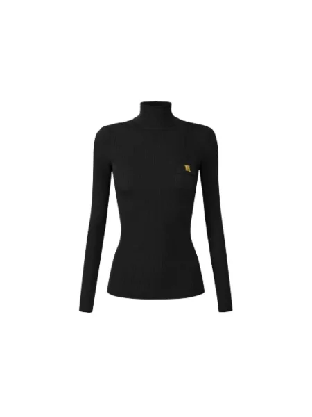 Haftowany dzianinowy sweter z golfem Elisabetta Franchi do golfa czarny