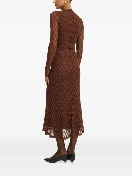 Rochie midi Bardot cu model floral din dantelă maro
