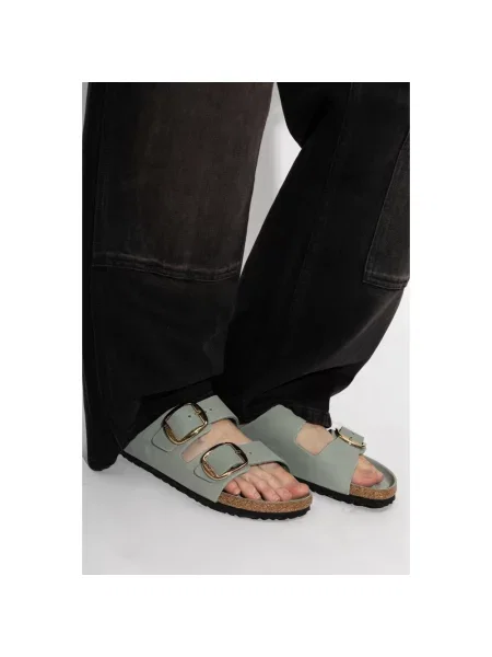 Klapki Birkenstock skórzane na sprzączkę zielone