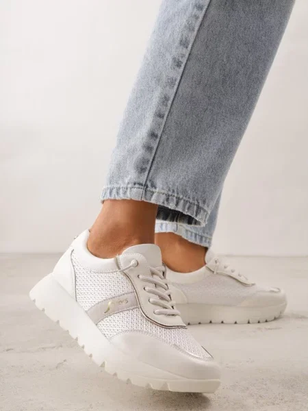 Sneakersy na Platformie z Wkładką ze Skóry Naturalnej i Napisam Haidena białe