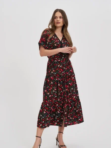 Rochie midi Marisse cu model floral până la genunchi de costum negru
