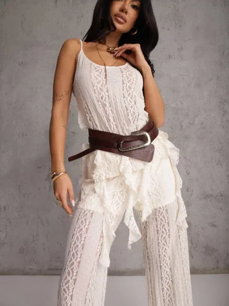 Szeroki top Other z falbankami koronkowy beżowy