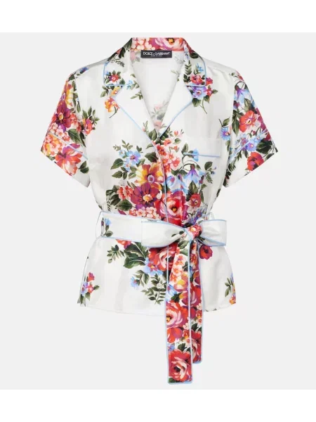 Jedwabny top Dolce&gabbana w kwiatki kopertowy biały