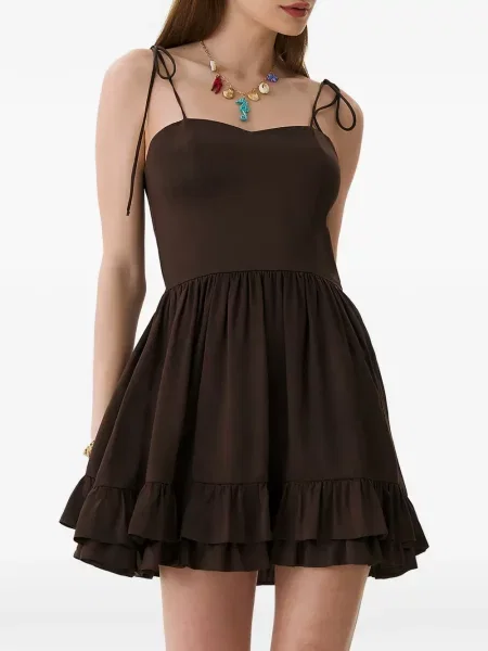 Rochie mini Framboise de mătase cu volane maro
