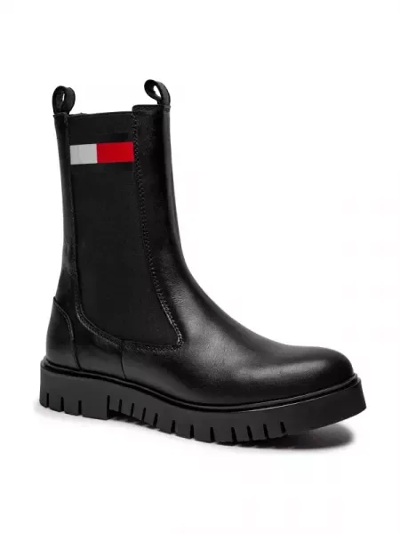 Tommy Jeans Bőr bokacsizma fekete