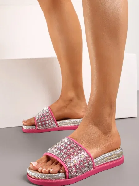 Șlapi Fucsia cu Pietre Strass pe Platformă Joasă Watria roz