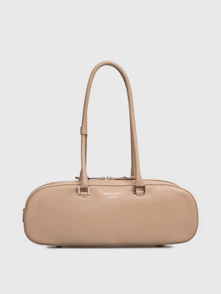 Шкіряна сумка-багет з принтом логотипа Christian Villa бежева
