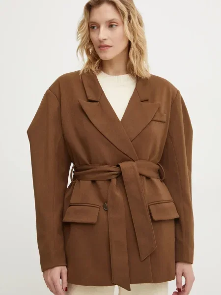 Сако Answear Lab с двуредно закопчаване с изчистен дизайн кафяво