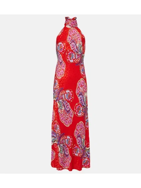 Rochie midi Rixo cu imagine până la genunchi cu gât halter roșu