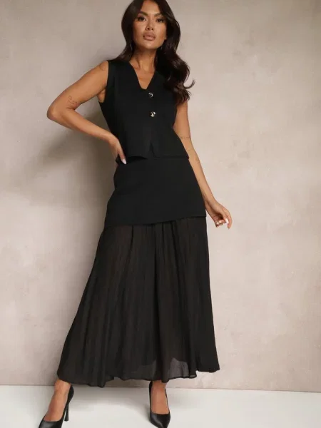 Dzianinowy Komplet z Wiskozą Elegancka Kamizelka i Spódnica Zelvila czarny