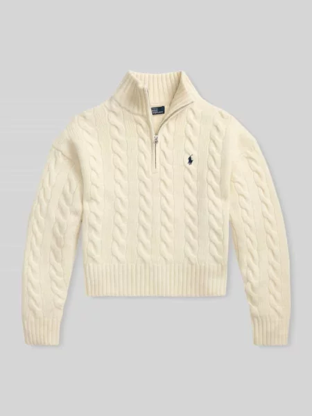 Kardigan Polo Ralph Lauren wełniany z logo z dekoltem w serek beżowy