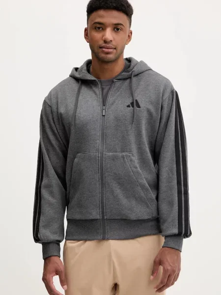 Adidas cardigan Essentials cu glugă uni gri