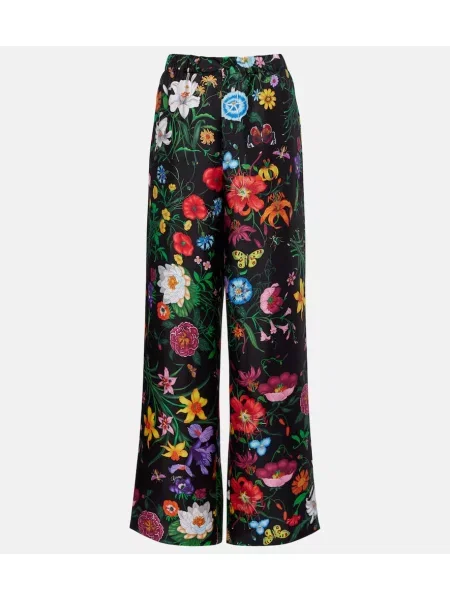 Jedwabne szerokie spodnie Gucci w kwiatki czarne