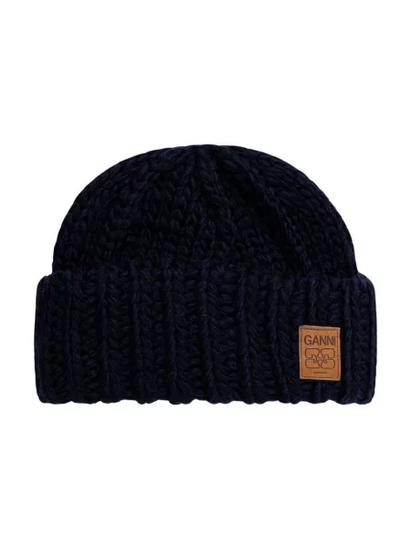 GANNI czapka wełniana Graphic Wool Hand Knit granatowy niebieska
