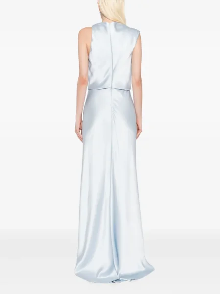 Rochie Amsale din satin drapată de costum albastru