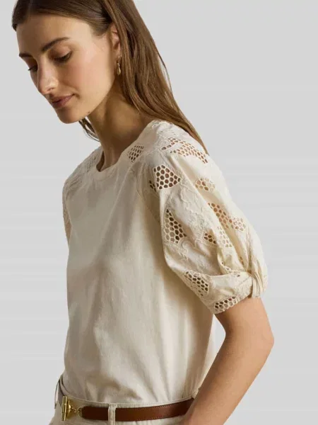 T-shirt o kroju relaxed fit z czystej bawełny z rękawami z ażurowej koronki Lauren Ralph Lauren
